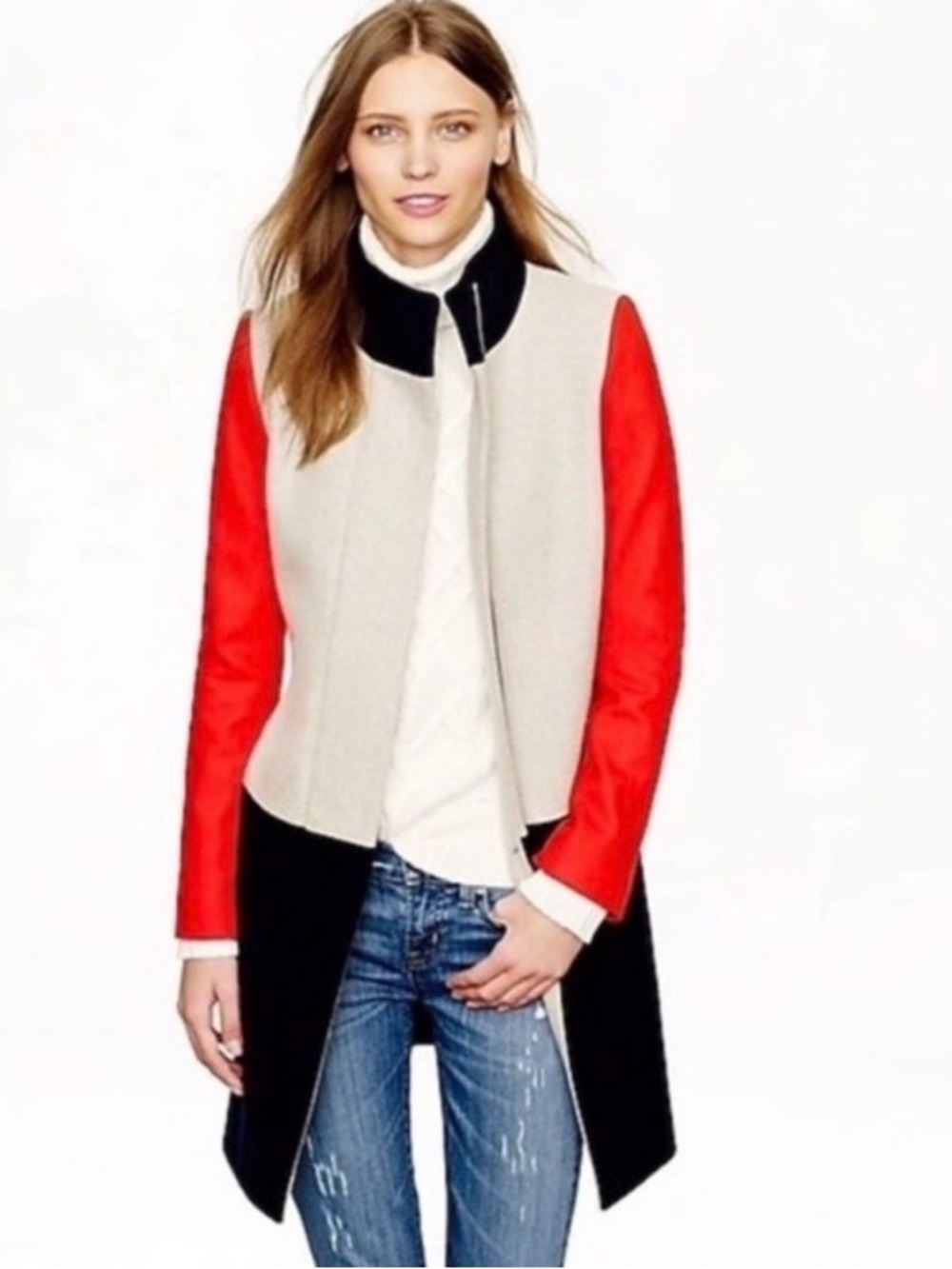 J. Crew Italian Wool Funnel Neck Color Block Coat Jacker Red Navy Gray Size 4 S